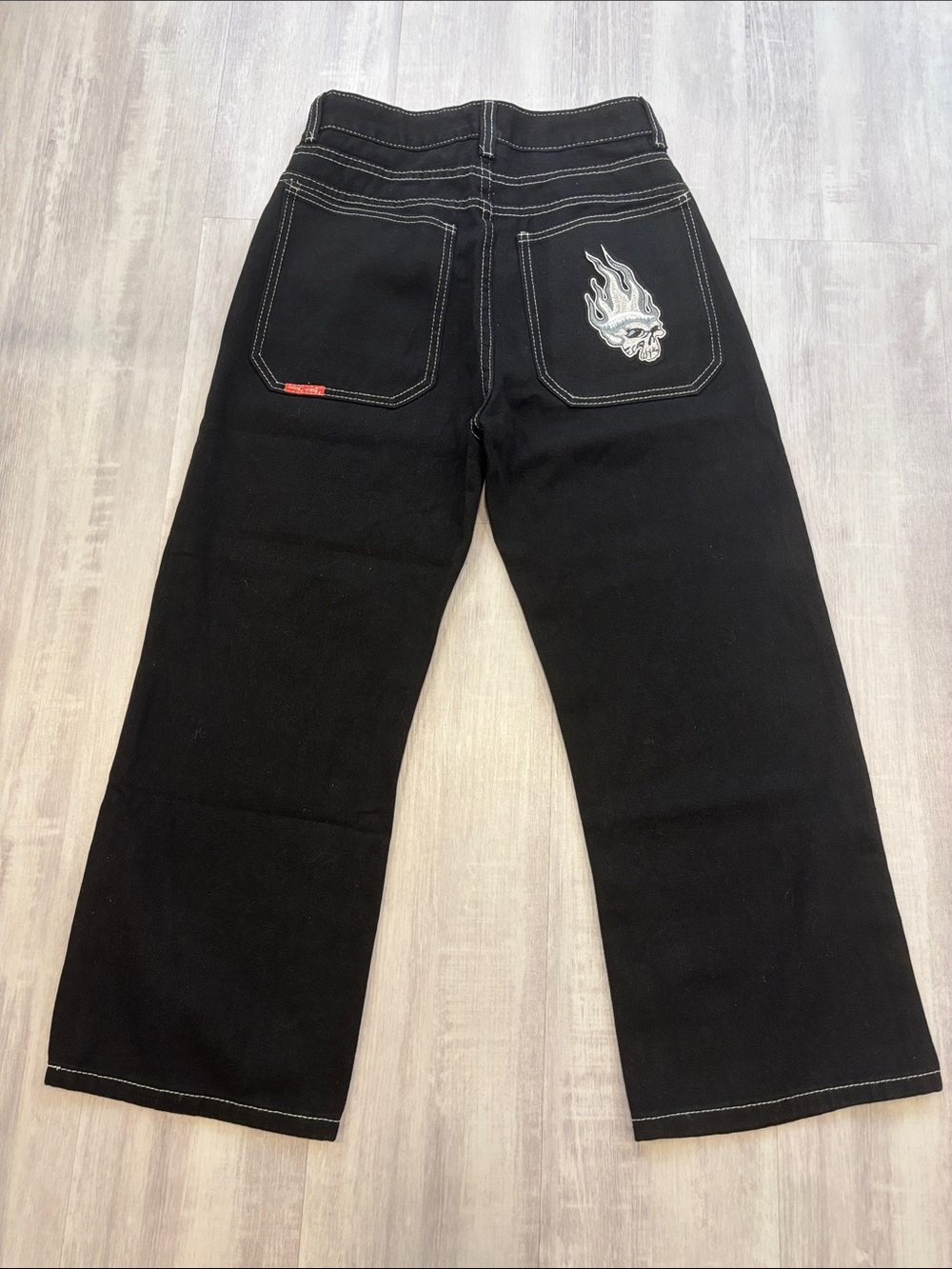 JNCO Black Boot Cut Jeans with White Contrast Stitching and Red Tab size small - Picture 3 of 9